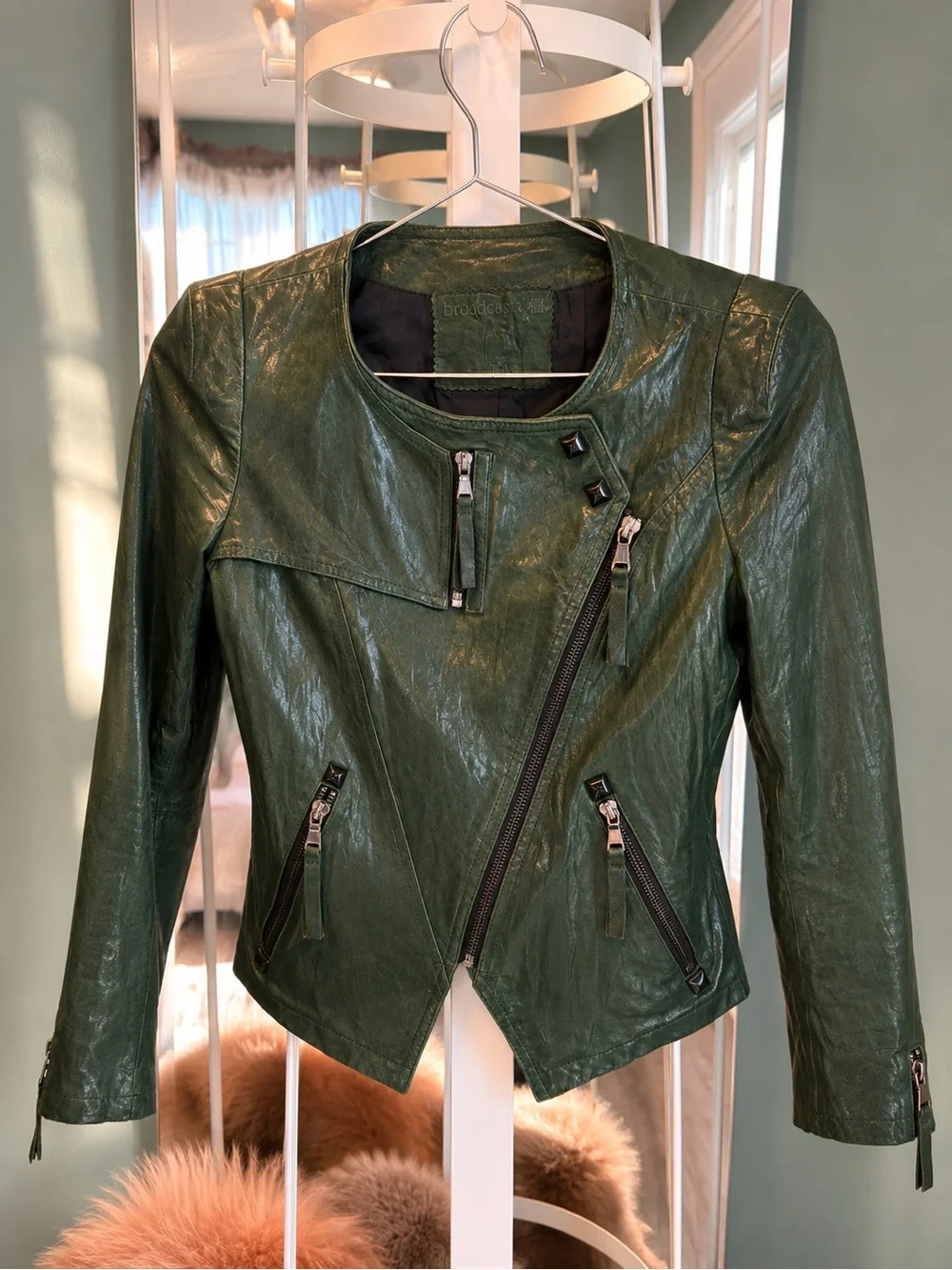 Vintage Emerald Green Lambskin Leather Moto Jacket Cropped Fitted - Picture 1 of 8